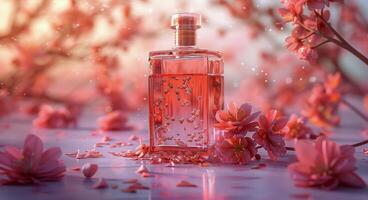 AI generated Bottle of Pink Liquid Surrounded by Petals photo