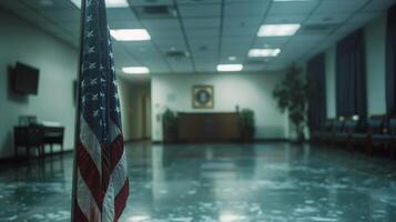 AI generated American Flag on Pole in Lobby photo