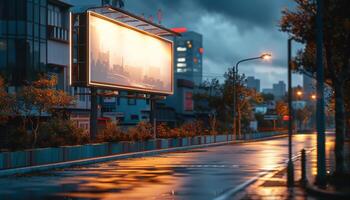 AI generated City Street at Night With Large Billboard photo