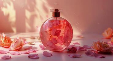 AI generated Bottle of Pink Liquid Surrounded by Petals photo