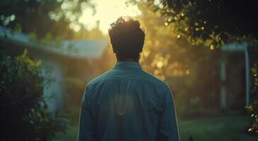 AI generated Man Standing in Front of Tree at Sunset photo