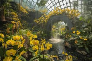 ai generado muchos amarillo orquídea flores en botánico jardín foto