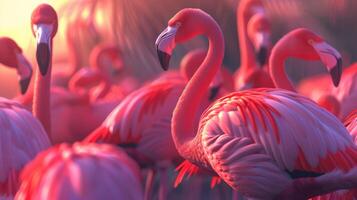 AI generated Beautiful flamingos walking in the water. photo