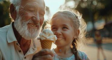 ai generado más viejo hombre y joven niña comiendo hielo crema foto