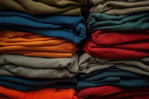 AI generated Pile of knitted sweaters as background, closeup view photo