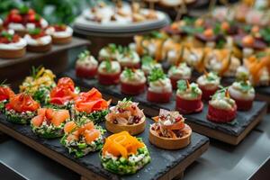AI generated Buffet assortment of canapes. Delicious appetizers, catering food photo