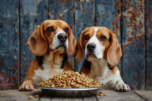 AI generated Two beagles dogs seated with a dish of dry food. photo