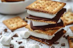 AI generated Homemade marshmallow s'mores with chocolate on crackers. photo