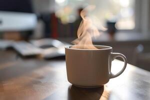 ai generado taza de humeante café en un mesa foto
