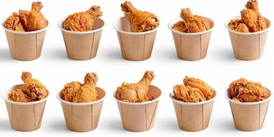 AI generated Collection of golden brown and crispy roasted Fried chicken served on a brown paper bucket isoalted on white background. photo