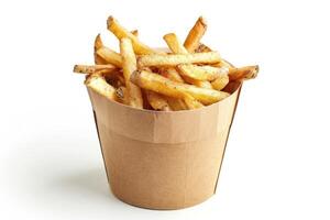 AI generated Golden brown and crispy french fries served on a brown paper bucket isoalted on white background. photo