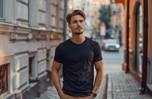 AI generated Man in Black Shirt Standing on Street photo