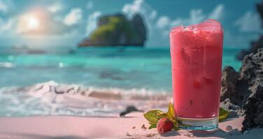 AI generated Red Drink on Sandy Beach photo