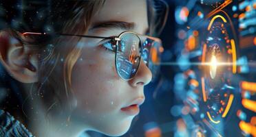 AI generated Woman Looking at Computer Screen With Glowing Lights photo