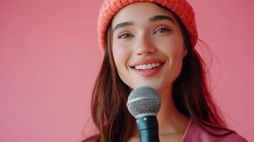 AI generated Woman in a Red Hat Holding a Microphone photo