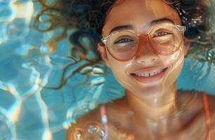 ai generado mujer nadando piscina Gafas de sol foto