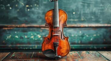 AI generated Violin Resting on Wooden Bench photo