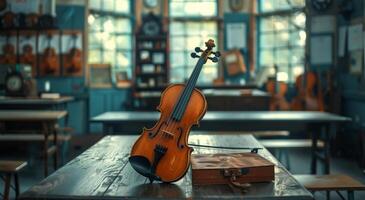 AI generated Violin on Wooden Table photo