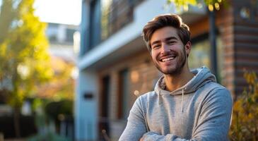 AI generated Man With Crossed Arms Standing in Front of Building photo