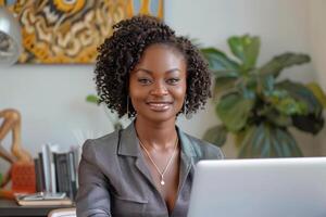 AI generated Woman Sitting in Front of Laptop Computer photo