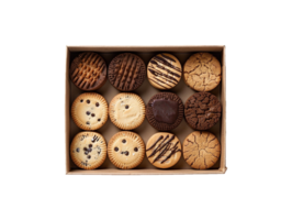 ai generado chocolate chip galletas en un caja en un transparente antecedentes png