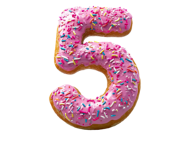 ai gegenereerd een roze donut aantal vijf Aan een transparant achtergrond png