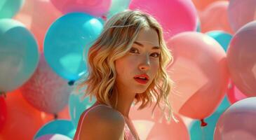 AI generated Woman Standing in Front of Bunch of Balloons photo
