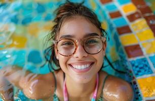 ai generado mujer nadando piscina Gafas de sol foto