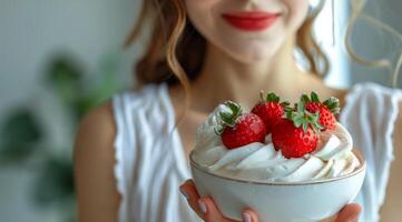 ai generado mujer participación un cuenco de azotado crema con fresas foto