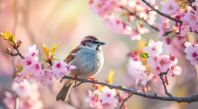 AI generated Little bird sitting on branch of blossom cherry tree. Spring time. photo