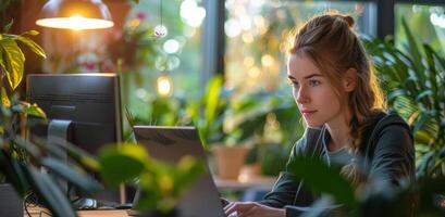 AI generated Woman Looking at Computer Screen at Night photo