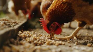 AI generated Chicken eats feed and grain at eco chicken farm, free range chicken farm. photo