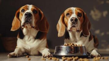 AI generated Two beagles dogs seated with a dish of dry food. photo