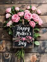 AI generated Happy Mother's day with pink roses over rustic wood background photo