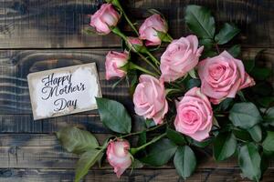 ai generado contento de la madre día con rosado rosas terminado rústico madera antecedentes foto