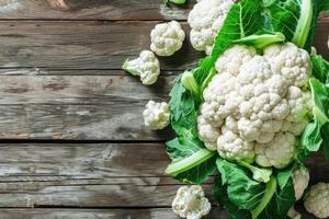 AI generated Fresh raw cauliflower on wooden table, top view. Space for text. photo