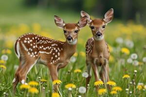 AI generated Two fawns standing in a field with dandelions. photo