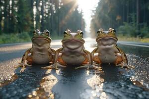 AI generated Frogs standing on the road near forest at early morning or evening time. Road hazards, wildlife and transport. photo