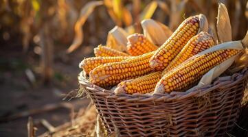 AI generated Corn cobs in basket at the field corn farm. photo