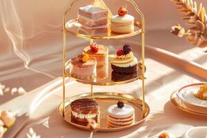 AI generated Gold three-tier tray filled with assorted and different cakes and pastries photo