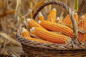 AI generated Corn cobs in basket at the field corn farm. photo