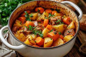 AI generated Meat stewed with potatoes, carrots and spices in pot on wooden background photo