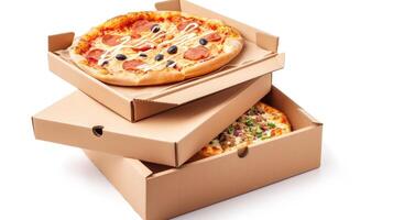 AI generated Catering boxes, bakery boxes, closed pizza boxes, and food boxes, on a white background. photo