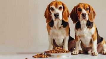 ai generado dos beagles perros sentado con un plato de seco alimento. foto