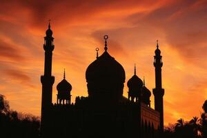 ai generado Ramadán kareem antecedentes. mezquita silueta fondo, islámico diseño saludo tarjeta foto