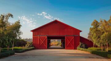 AI generated Red barn constructed on a farm in summer with doors open photo