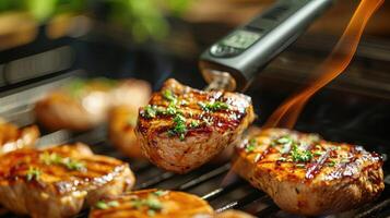 AI generated Checking for safe food temperature with digital instant thermometer. Kitchen meat thermometer against pork steaks on a grill. photo