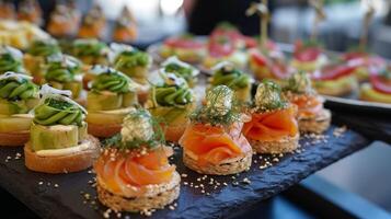 AI generated Buffet assortment of canapes. Delicious appetizers, catering food photo