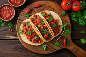 AI generated Mexican tacos with beef in tomato sauce and salsa. photo