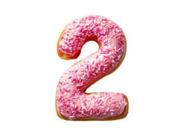 ai gegenereerd een roze donut aantal twee Aan een transparant achtergrond png